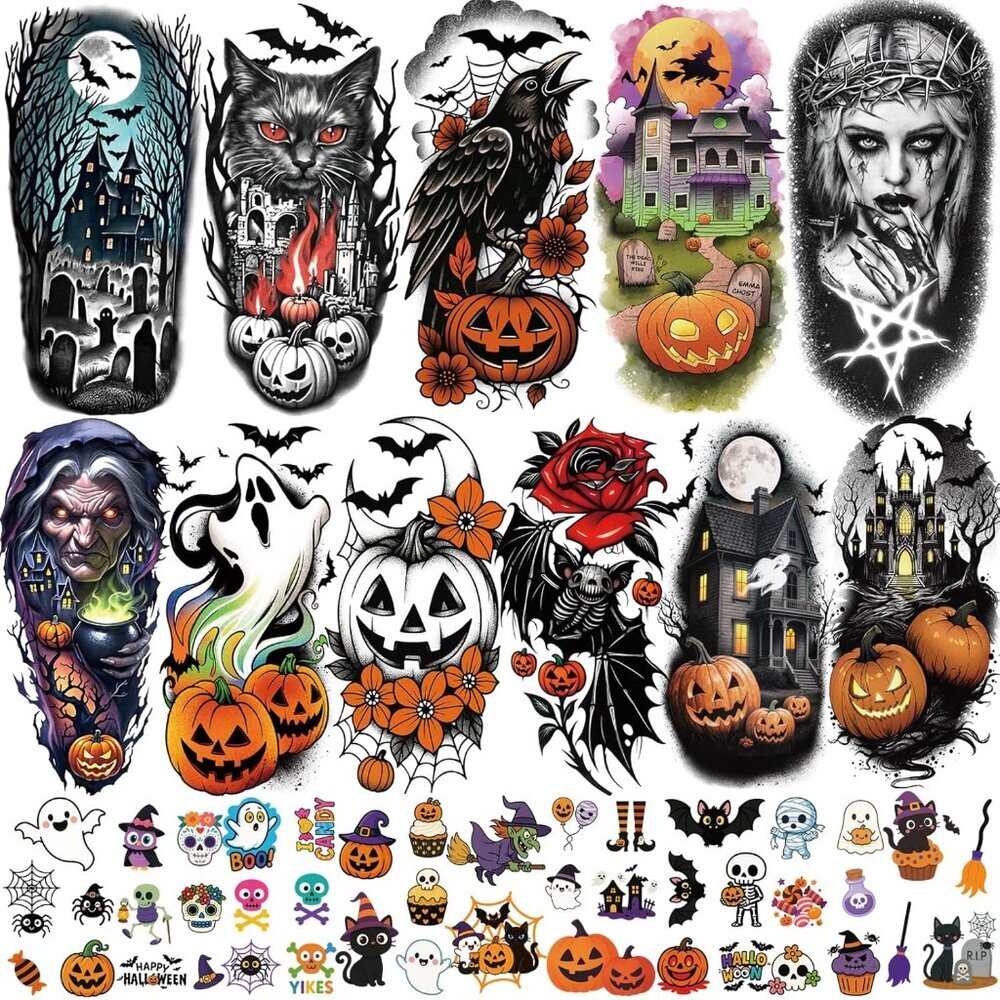 77 PCS Halloween Temporary Tattoos Adult Kids, 17 PCS Half Arm Pumpkin Bat Crow